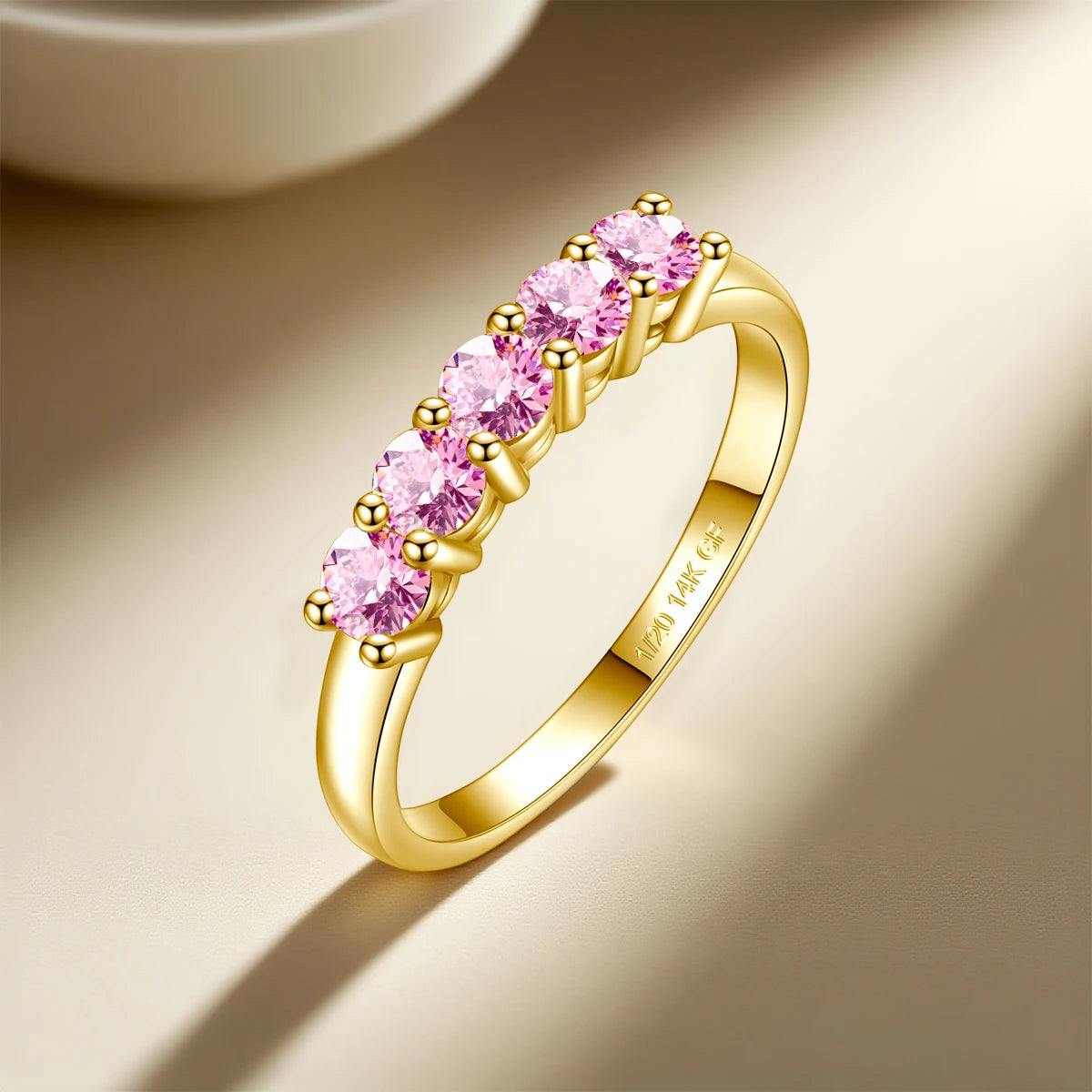 14K Gold Filled Pink Moissanite Rings 5 Stone D VVS1 for Women Man with 1/20th 14 Karat Gold Engagement Wedding Jewelry